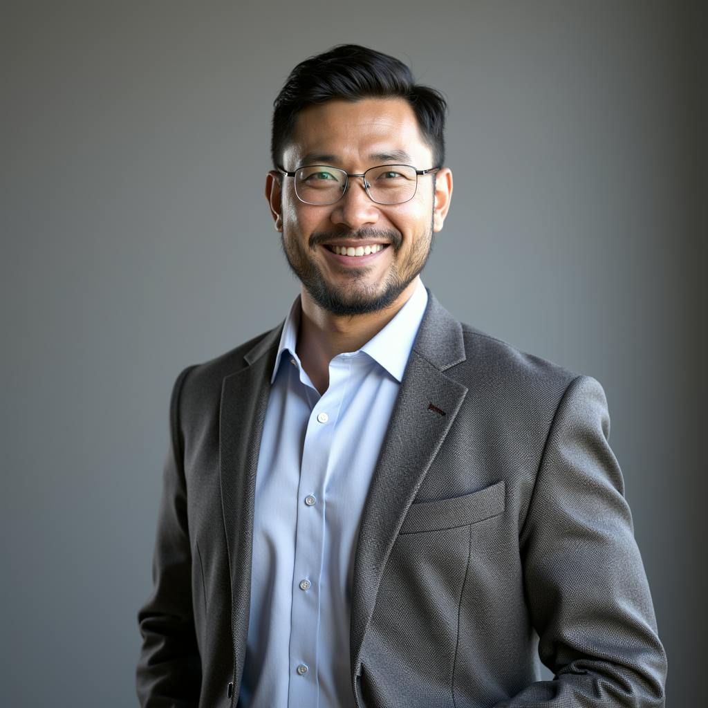 A confident professional man in business attire, smiling and standing against a neutral background, representing the human-centric approach in AI for UX, emphasizing the balance between cutting-edge technology and intuitive user experience design.