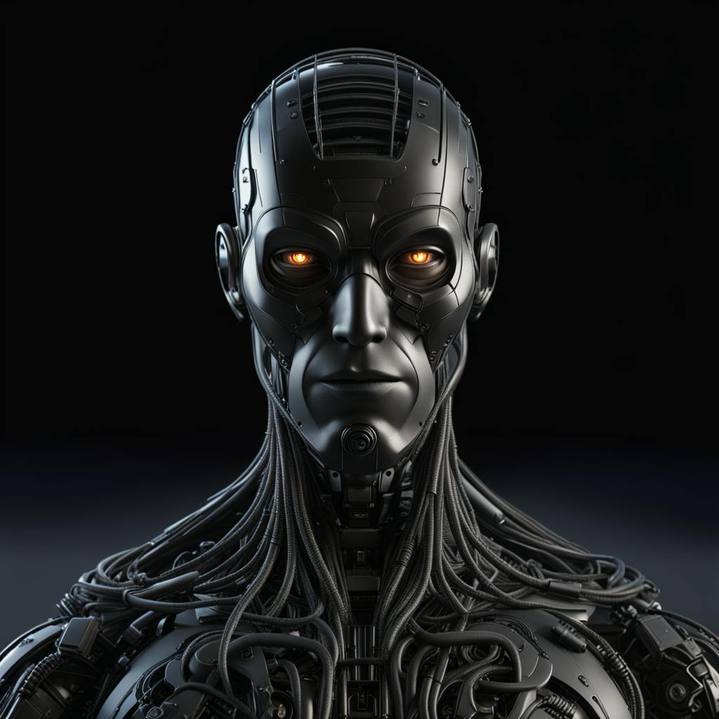 A high-tech black android with glowing orange eyes, detailed mechanical components, and exposed cables, symbolizing the integration of AI for UX to create immersive, responsive, and adaptive digital experiences.
