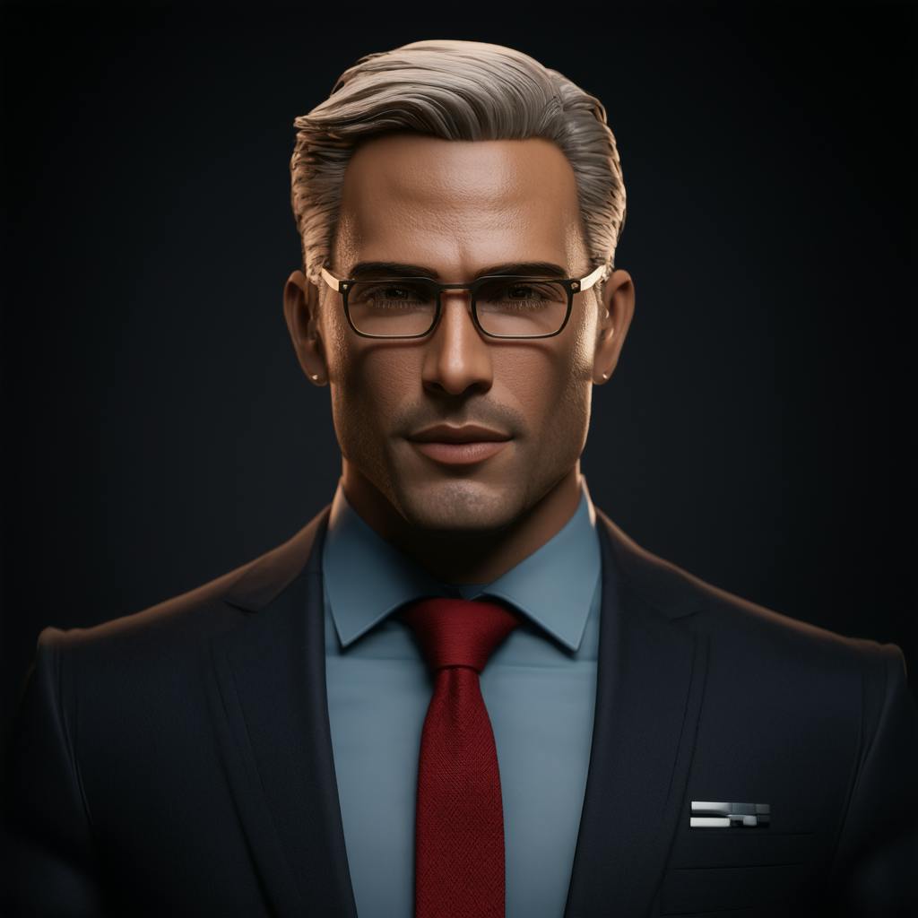 A confident business professional in a dark suit, red tie, and glasses, standing against a dark background. This image represents leadership and expertise in utilizing AI for content quality, ensuring high standards in digital communication and professional presentations.
