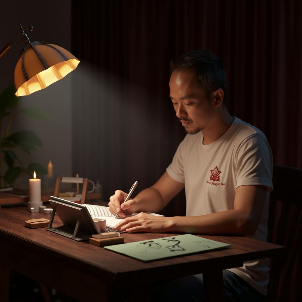 A focused man in a casual t-shirt working at a wooden desk under warm lighting, writing notes and reviewing documents. The scene highlights a thoughtful approach to improving AI for content quality, emphasizing precision, creativity, and attention to detail in content creation.