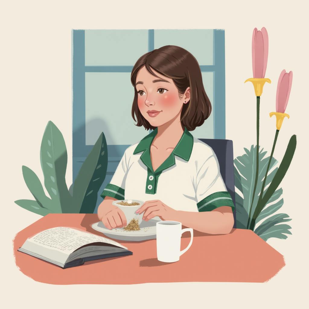 An illustration of a young woman sitting at a table with a cup of tea and an open book, surrounded by plants and flowers, representing lifestyle-focused advertisement examples that highlight relaxation and leisure activities in home settings.