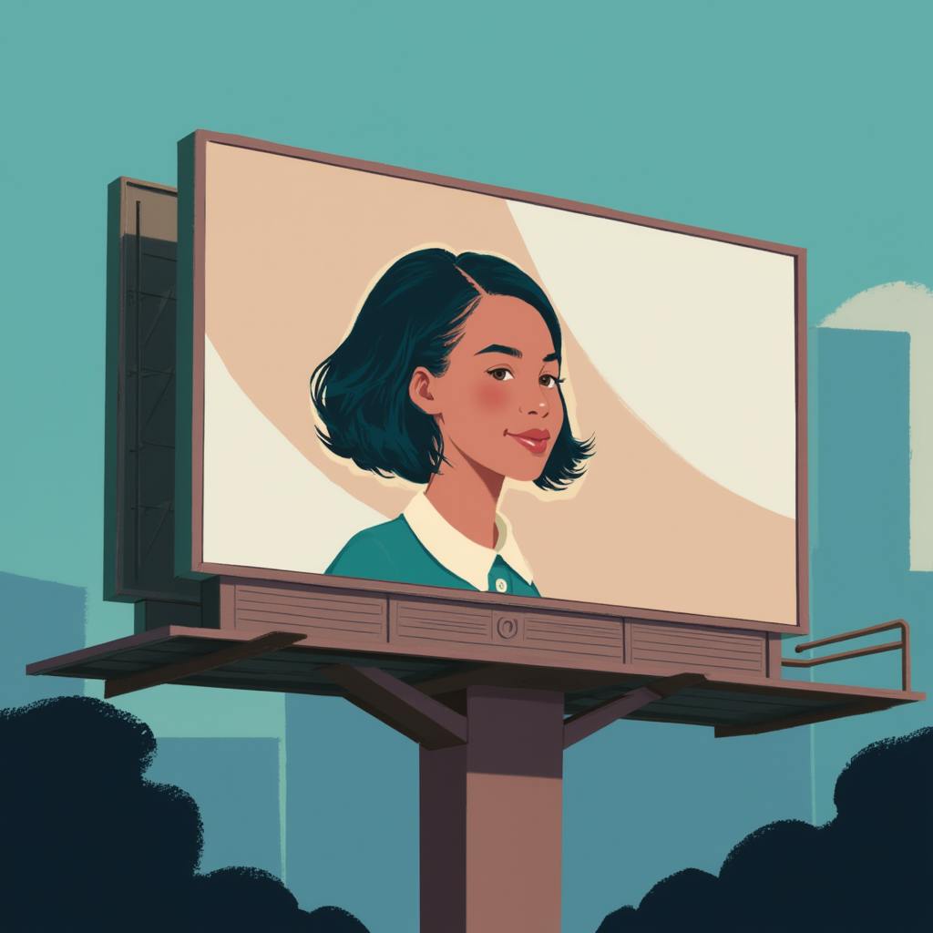 An illustration of a large billboard in an urban setting featuring a confident woman with short black hair, showcasing modern advertisement examples aimed at personal branding or professional services promotion.