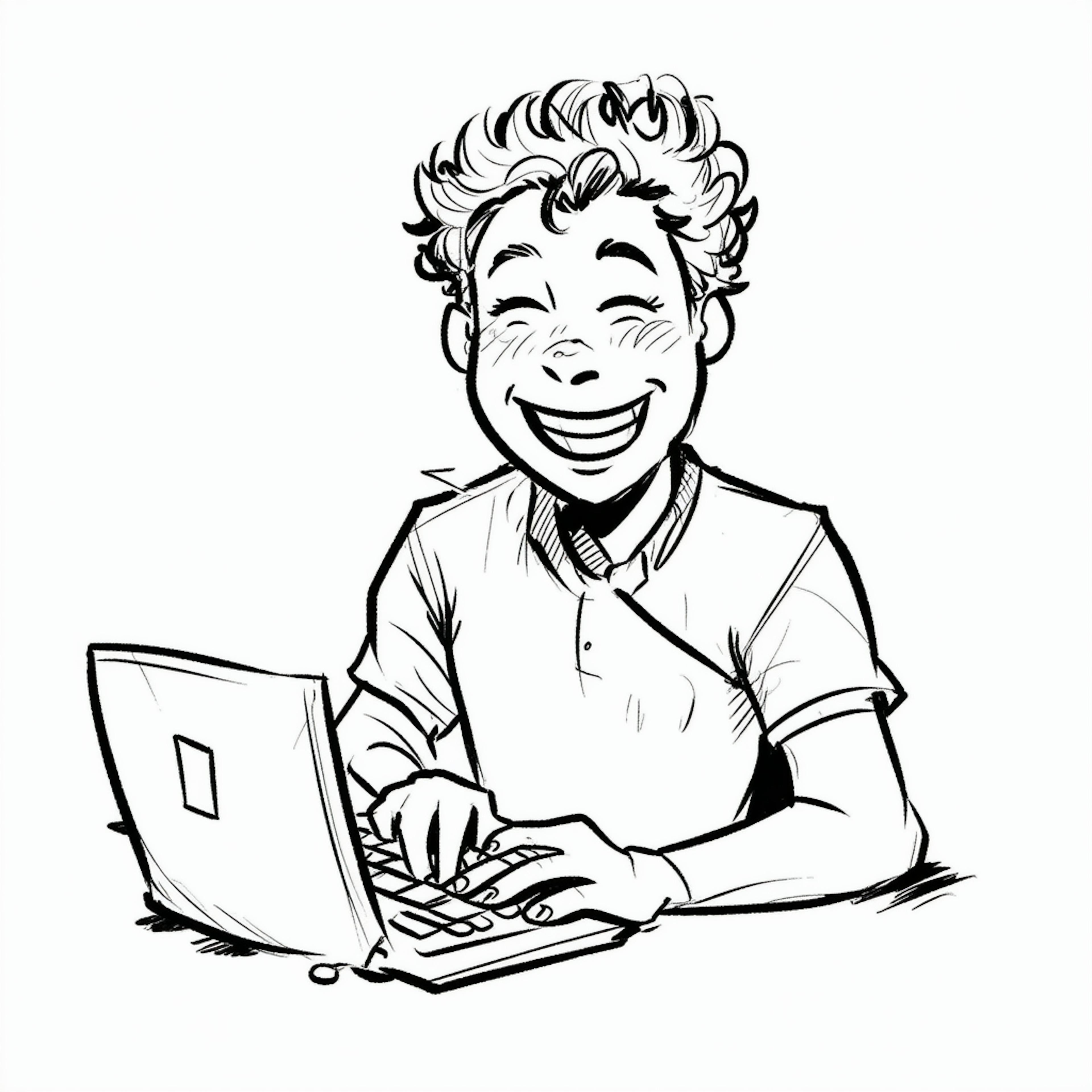 A black-and-white sketch of a cheerful person typing enthusiastically on a laptop, representing the creative process of writing engaging ad copy for digital marketing campaigns.