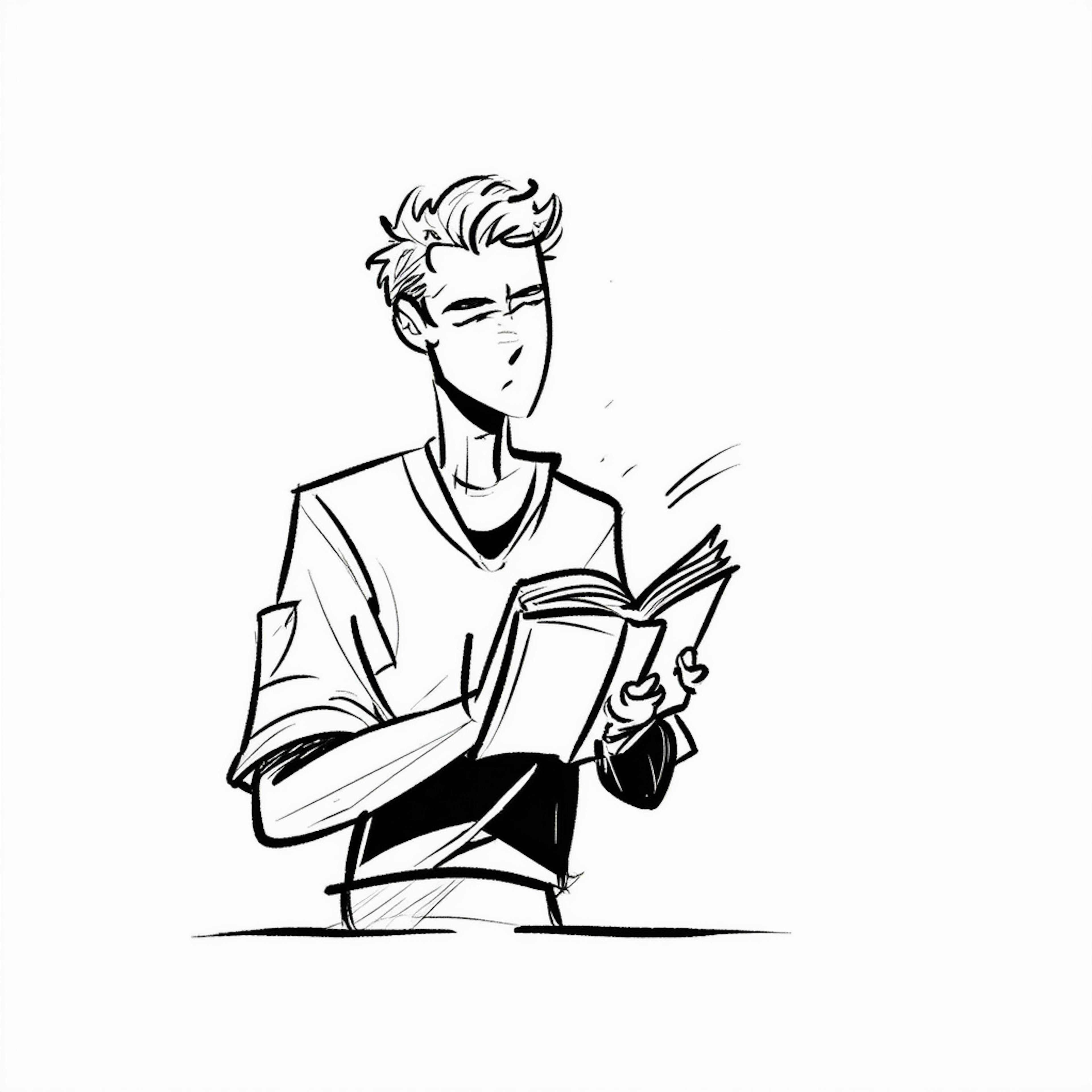 A black-and-white illustration of a focused individual standing and reading a book, symbolizing research and inspiration for crafting effective ad copy that resonates with target audiences.