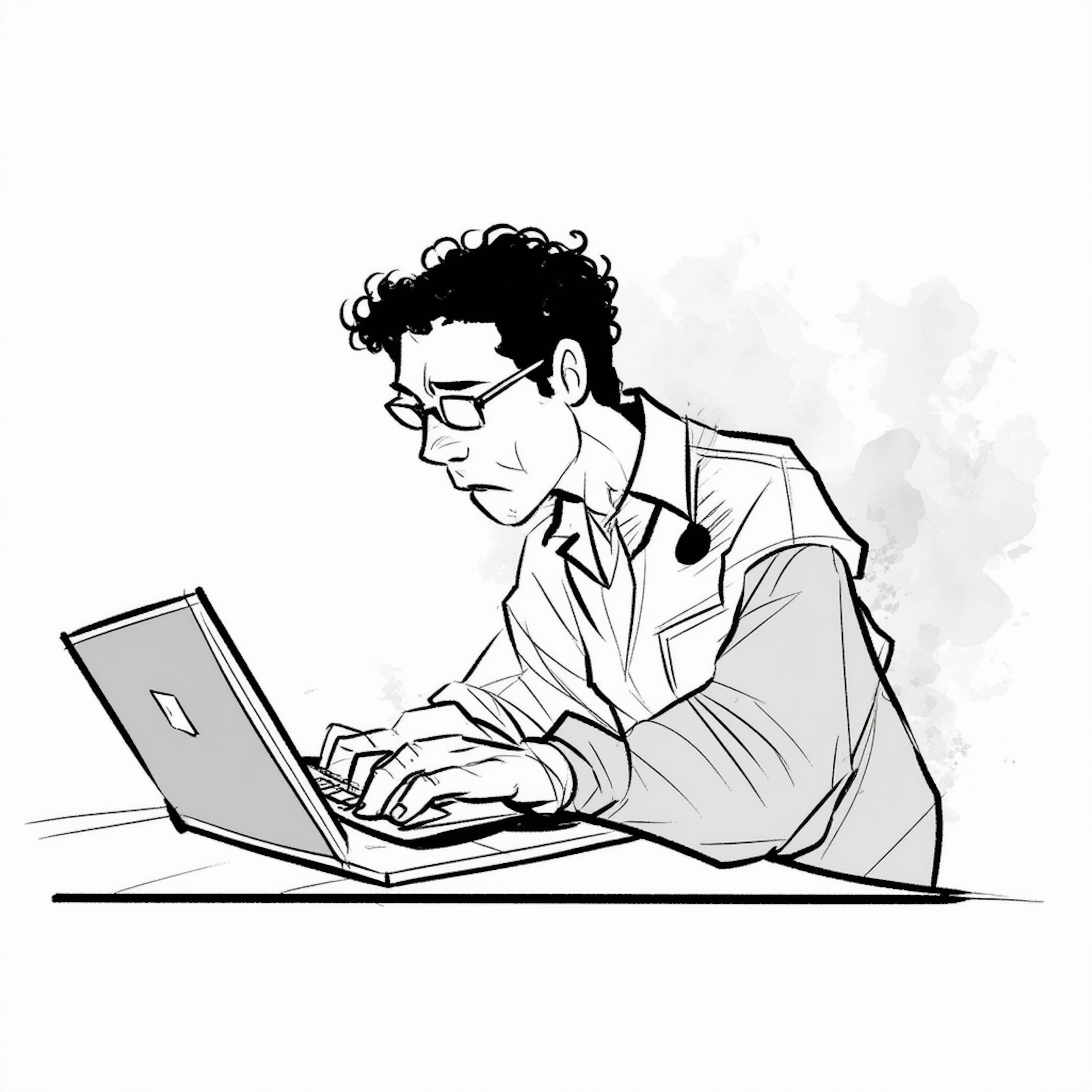 A black-and-white drawing of a serious-looking professional working intently on a laptop, illustrating the concentrated effort involved in developing persuasive ad copy for business and marketing strategies.