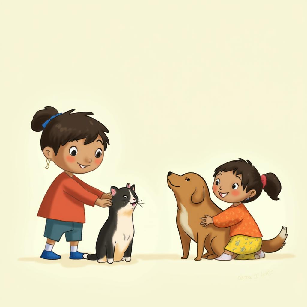 An animated scene of two young girls gently petting a cat and a dog, demonstrating principles like anticipation and follow-through from the 12 principles of animation, giving life and personality to the characters through expressive poses and timing.