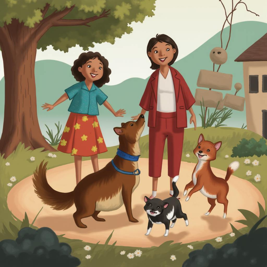 An outdoor animated scene featuring two women with three dogs and a cat, exhibiting principles such as squash and stretch, appeal, and staging from the 12 principles of animation, with dynamic character poses and a sense of motion that creates an engaging narrative moment.
