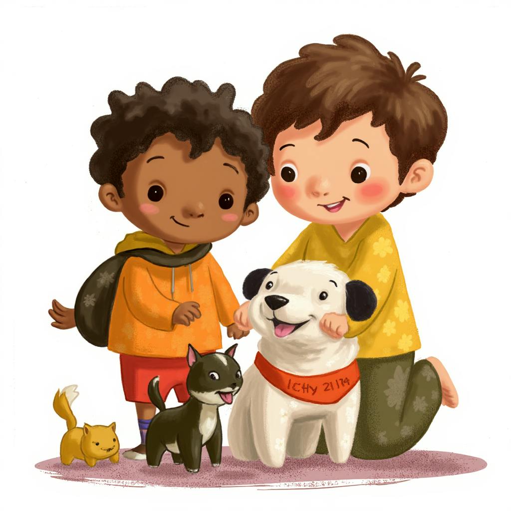 A colorful illustration of two children happily interacting with three playful animals—a white dog, a black and white cat, and a small yellow squirrel—showcasing appealing character designs and clear staging, reflecting the 12 principles of animation in action.