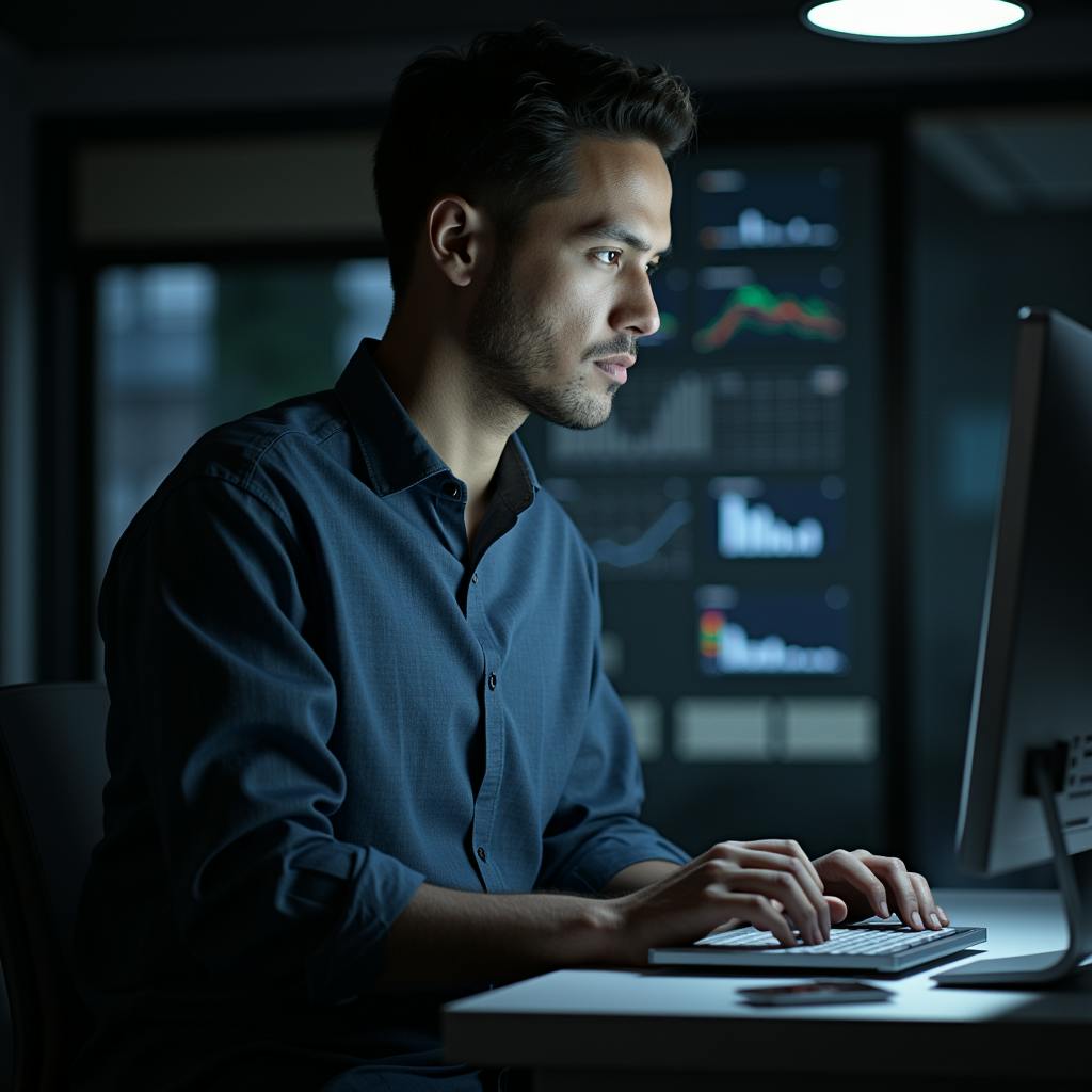 A focused professional working at a computer in a dimly lit room, with data analytics dashboards displayed on the screen. The scene represents the analysis of paid vs organic search performance, comparing traffic sources and optimizing digital marketing strategies.