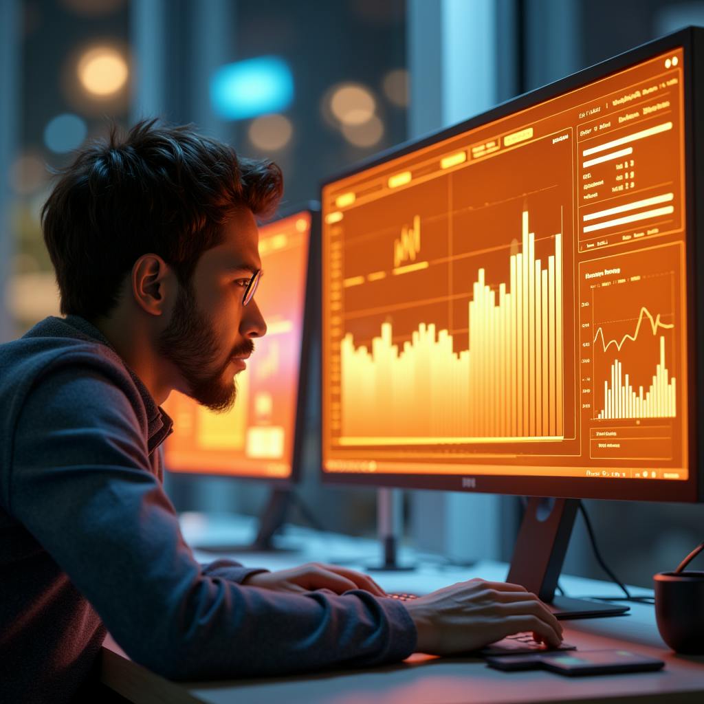 A man intently analyzing large orange data visualizations on multiple monitors in a modern office. The charts illustrate metrics for paid vs organic search campaigns, helping businesses evaluate ROI and refine search engine marketing tactics.