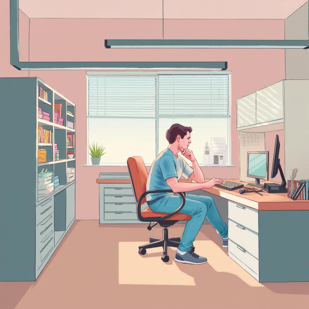 A bright, modern workspace illustration featuring an individual working at a desk surrounded by bookshelves, filing cabinets, and natural light from large windows. This scene showcases workplace design trends that prioritize ergonomic furniture, personal workspace customization, and access to daylight for improved productivity and well-being.