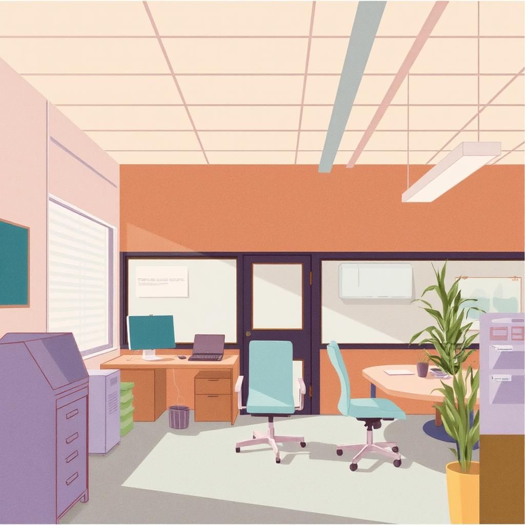 An open-plan office illustration with multiple workstations, ergonomic chairs, ample natural light, and green plants. The space reflects modern workplace design trends that emphasize collaboration, flexible seating arrangements, and a balance between function and comfort.