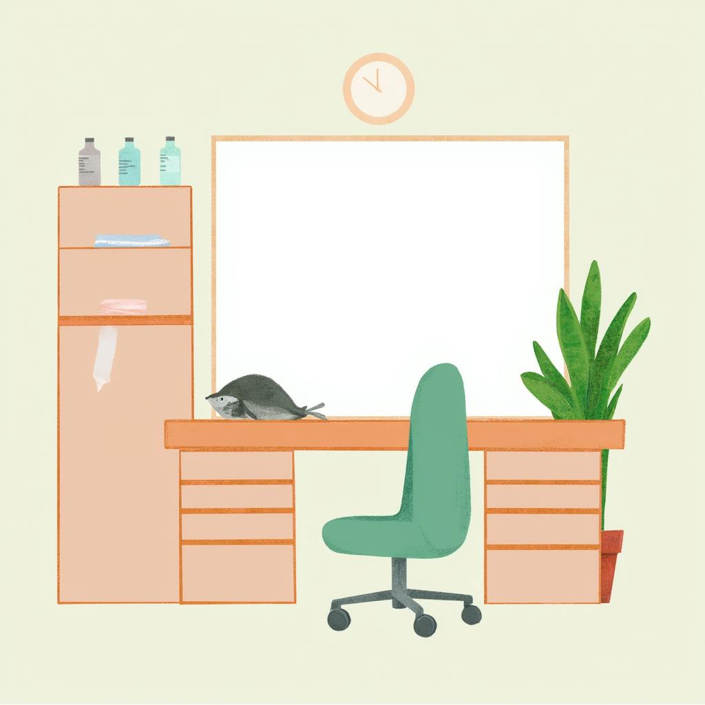 An illustrated minimalist office space featuring a clean desk, a green swivel chair, potted plant, and shelving with neatly arranged bottles and books. This design highlights workplace design trends focused on simplicity, organization, and biophilic elements to create a calming and productive environment.