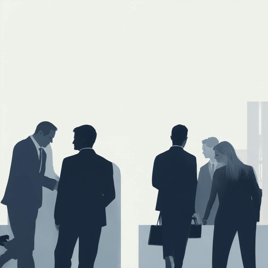 A minimalist illustration of business professionals engaging in conversation and networking in a formal setting. This scene symbolizes the application of writing techniques for persuasive writing in professional communication, such as negotiation and building rapport.