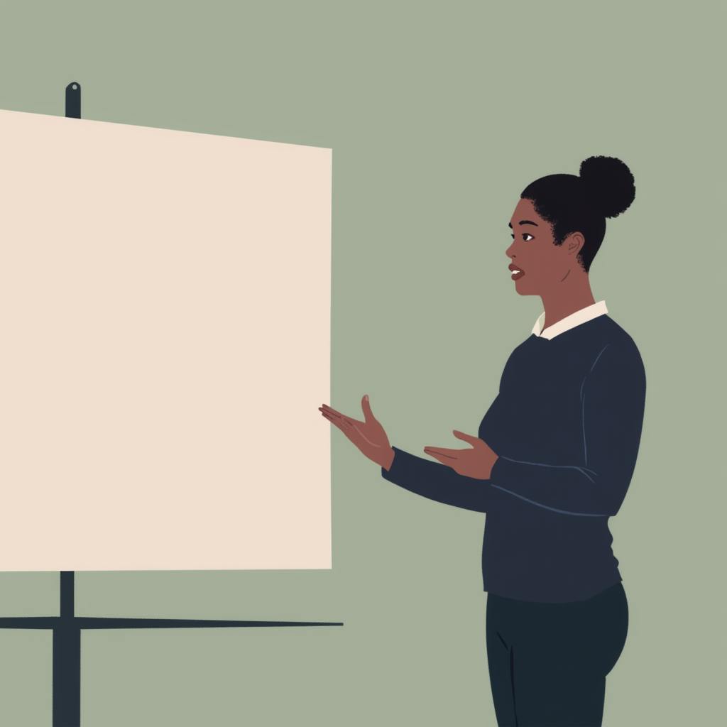 An illustration of a woman giving a presentation in front of a blank board, gesturing as she speaks. This image represents demonstrating writing techniques for persuasive writing, including the effective use of structure and compelling arguments during presentations or pitches.