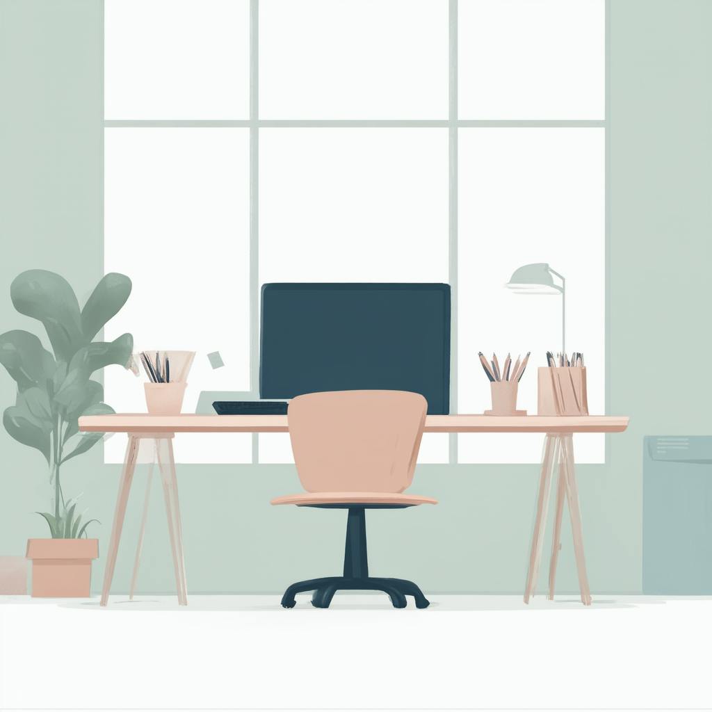 A minimalist workplace design featuring a clean desk setup with a computer monitor, desk lamp, and organized pencil holders. The workspace is complemented by large windows providing natural light and green plants, promoting a calm and productive environment.