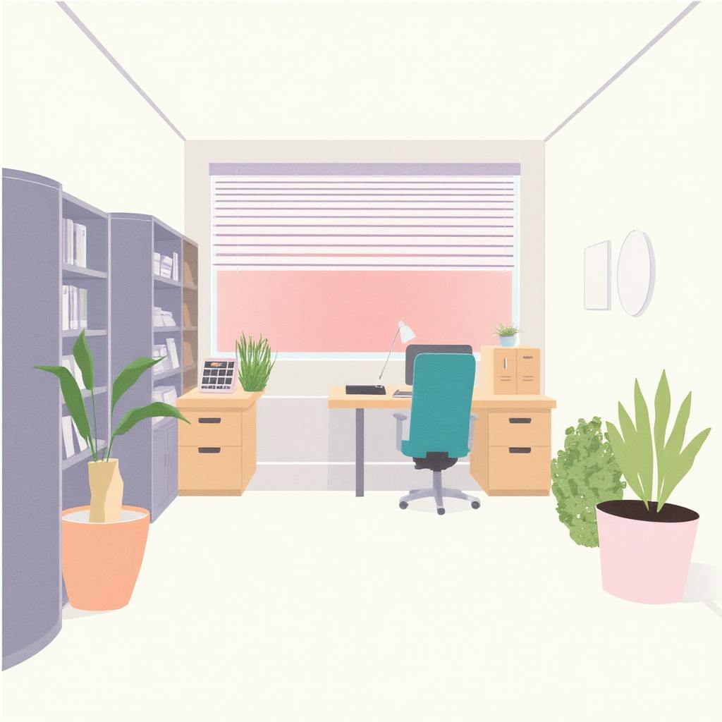 An office space illustration showcasing a modern workplace design with ergonomic furniture, vibrant potted plants, bookshelves, and a large window with blinds. The design emphasizes comfort, organization, and biophilic elements to enhance employee well-being.