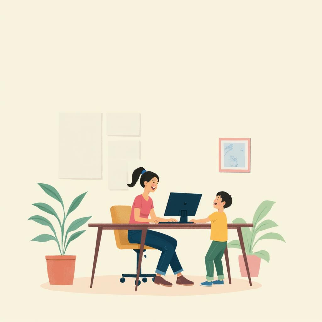 A home office scene featuring a modern workplace design, where a woman works at a desk while engaging with a young child. The setting includes comfortable seating, potted plants, and minimal wall decor, illustrating the balance between professional productivity and family life in remote working environments.