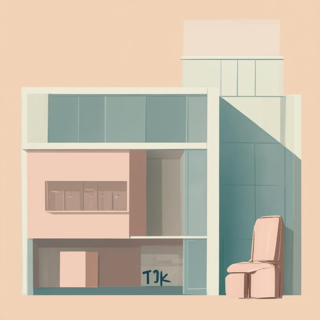 Digital illustration of a modern office building facade, featuring large glass windows, geometric shapes, and a minimalist color palette. The clean lines and structured aesthetic represent current trends in workplace architecture and design.