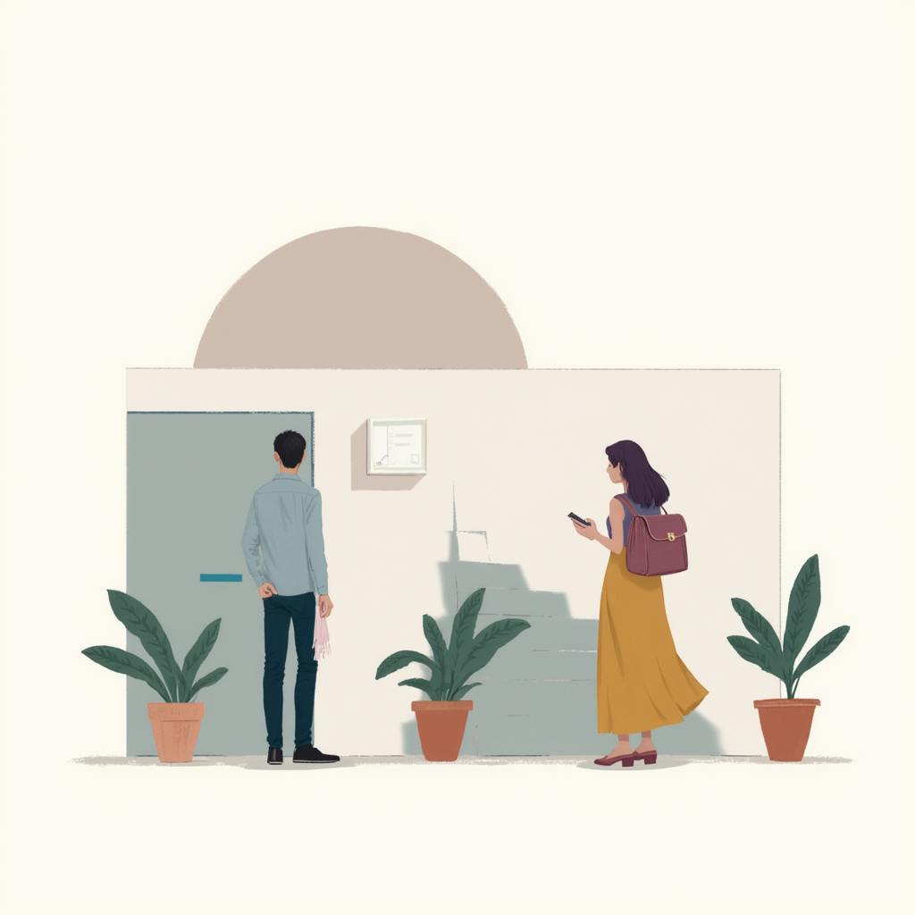 Illustration of two people standing outside a modern workplace building entrance, surrounded by potted plants and minimalist decor. This visual captures elements of contemporary workplace architecture and design, focusing on simplicity and greenery.