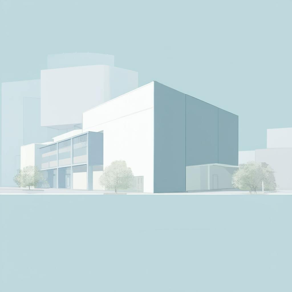 Futuristic, minimalistic illustration of a corporate office complex with sharp edges and sleek, white surfaces. The scene reflects innovative approaches to workplace architecture and design, emphasizing simplicity, openness, and modern urban planning.