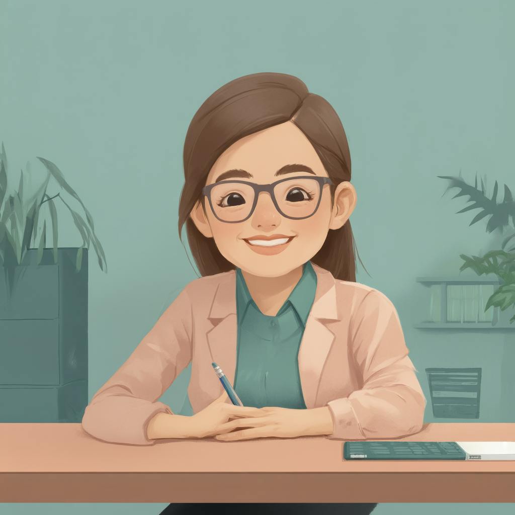 Illustration of a smiling woman with glasses sitting at a desk, holding a pencil, surrounded by plants in a modern office environment. Represents ideas on what to design as a graphic designer, emphasizing professional branding and character illustrations.