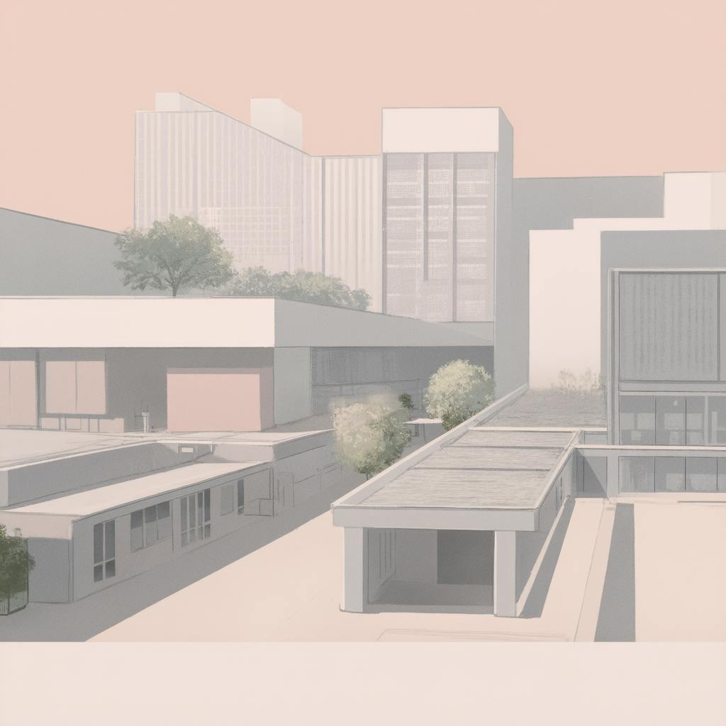Architectural illustration of modern buildings and structures in a pastel color palette. A concept that showcases what to design as a graphic designer in urban planning presentations and architectural visualizations.