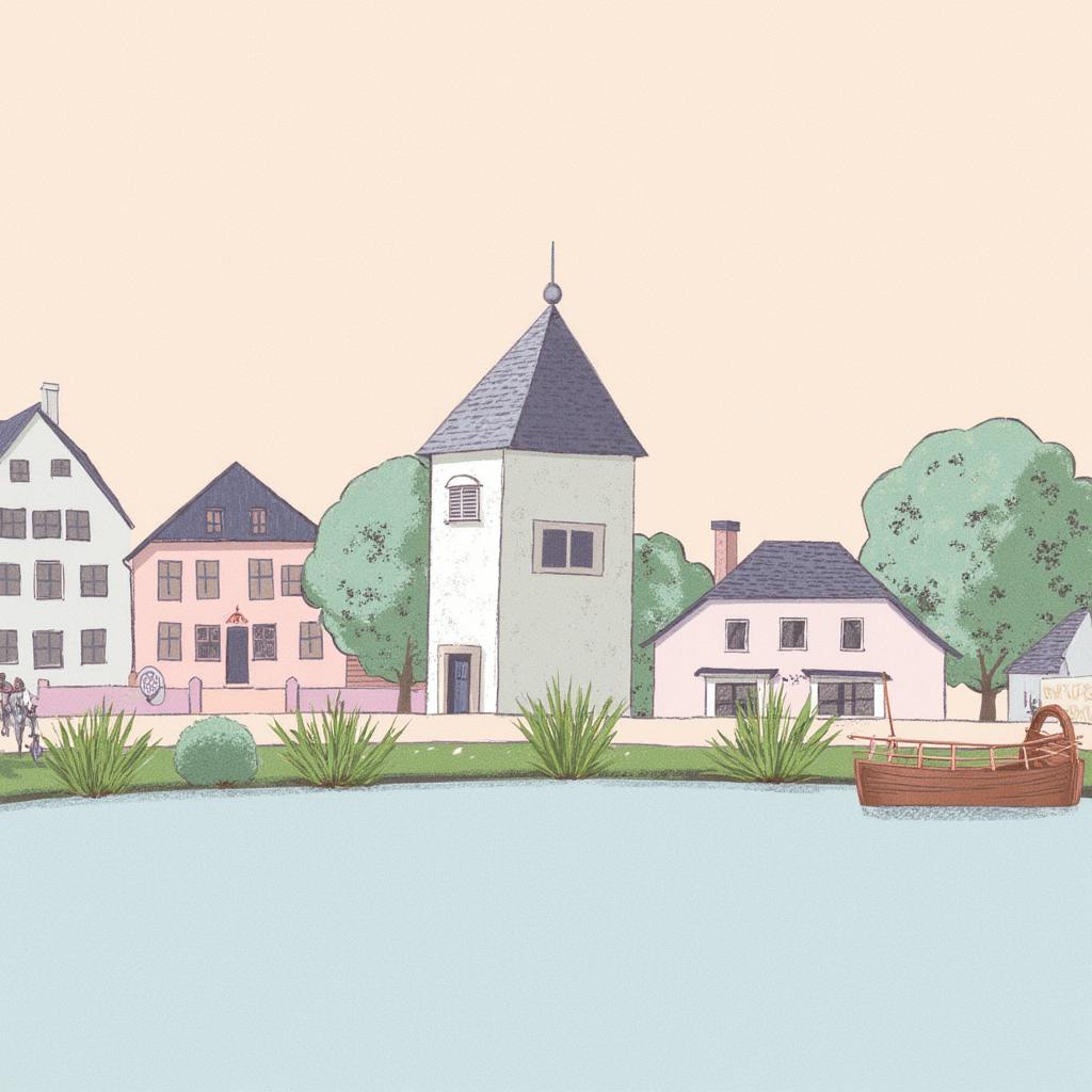 Charming illustration of a quaint village scene with houses, a tower, greenery, and a small boat on water. Demonstrates what to design as a graphic designer when creating engaging illustrations for children’s books or tourism marketing.