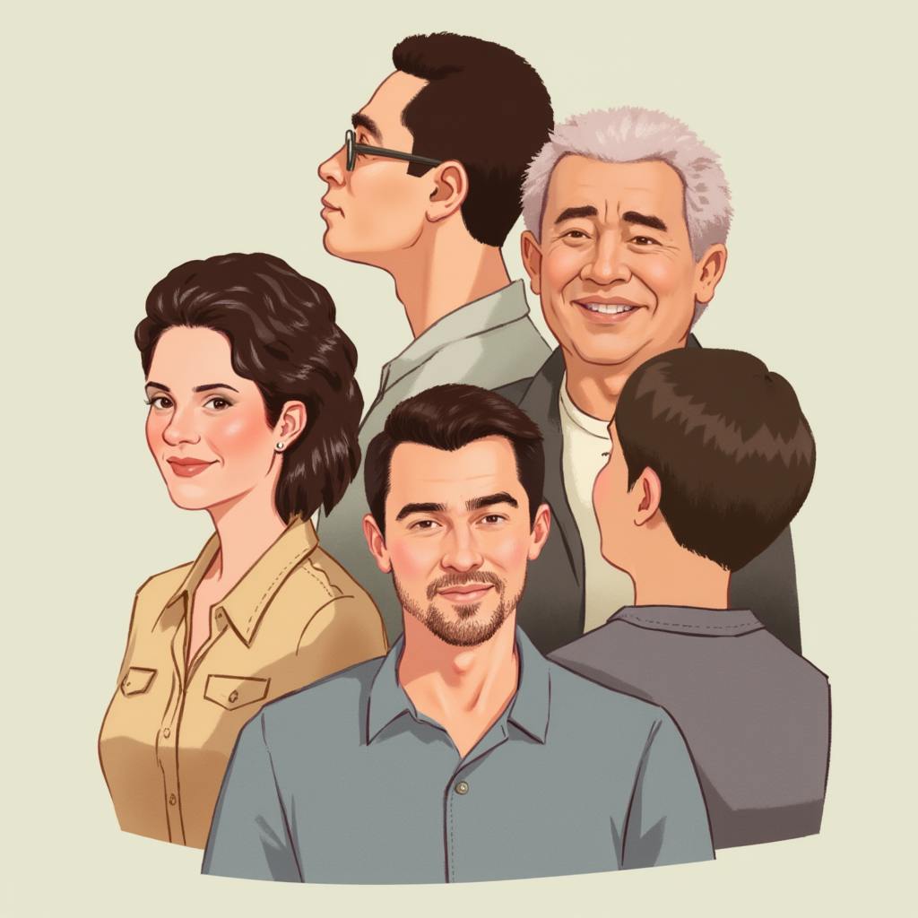 A digital illustration of six diverse individuals, ranging in age from young to elderly, with varying hairstyles and expressions. The group is shown from different angles, symbolizing a variety of perspectives. This visual can be used to represent an audience or customer segmentation, helping explain what is marketing content and how it should be tailored to connect with different demographics.
