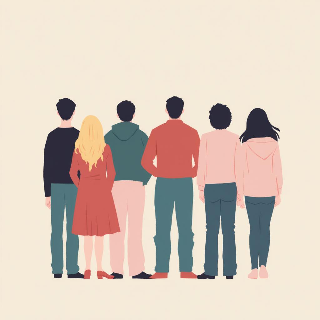 A minimalist illustration of six people standing in a row with their backs turned. Each person is wearing different colored clothing, suggesting diversity in style and preference. The image reflects the concept of audience targeting and segmentation, which are essential considerations when exploring what is marketing content and how to engage specific groups effectively.