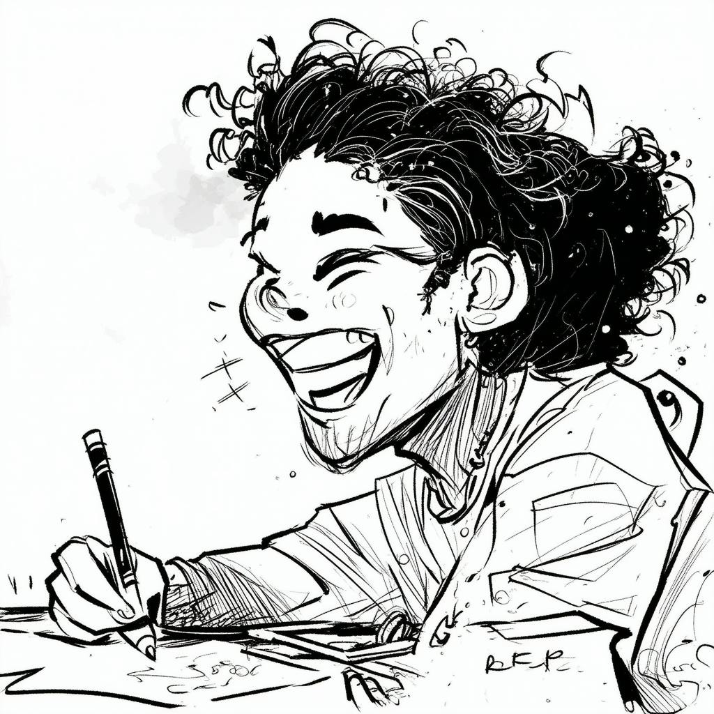 A lively sketch of a person with curly hair, laughing enthusiastically while writing with a pencil at a desk. The animated energy of the drawing suggests the excitement of crafting stories and arguments, as one might when exploring what is persuasive writing in an engaging way.