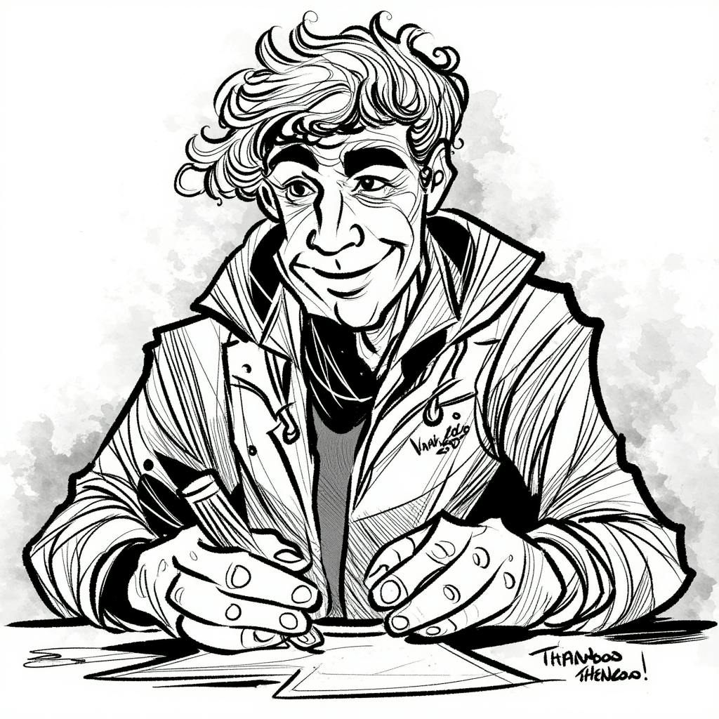 A detailed black-and-white illustration of an older person with wavy hair, smiling warmly while writing on paper with a pen. The thoughtful expression highlights the reflective process of communication, an important part of understanding what is persuasive writing and how to influence readers.