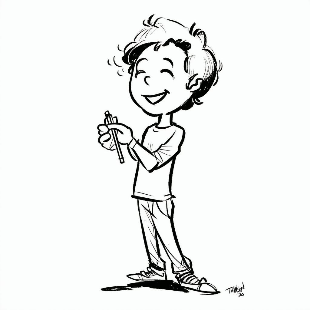 A cheerful cartoon character holding a pen with both hands, smiling widely with eyes closed. The playful illustration captures a joyful moment of creativity, often the first step in learning what is persuasive writing and how to express ideas effectively.