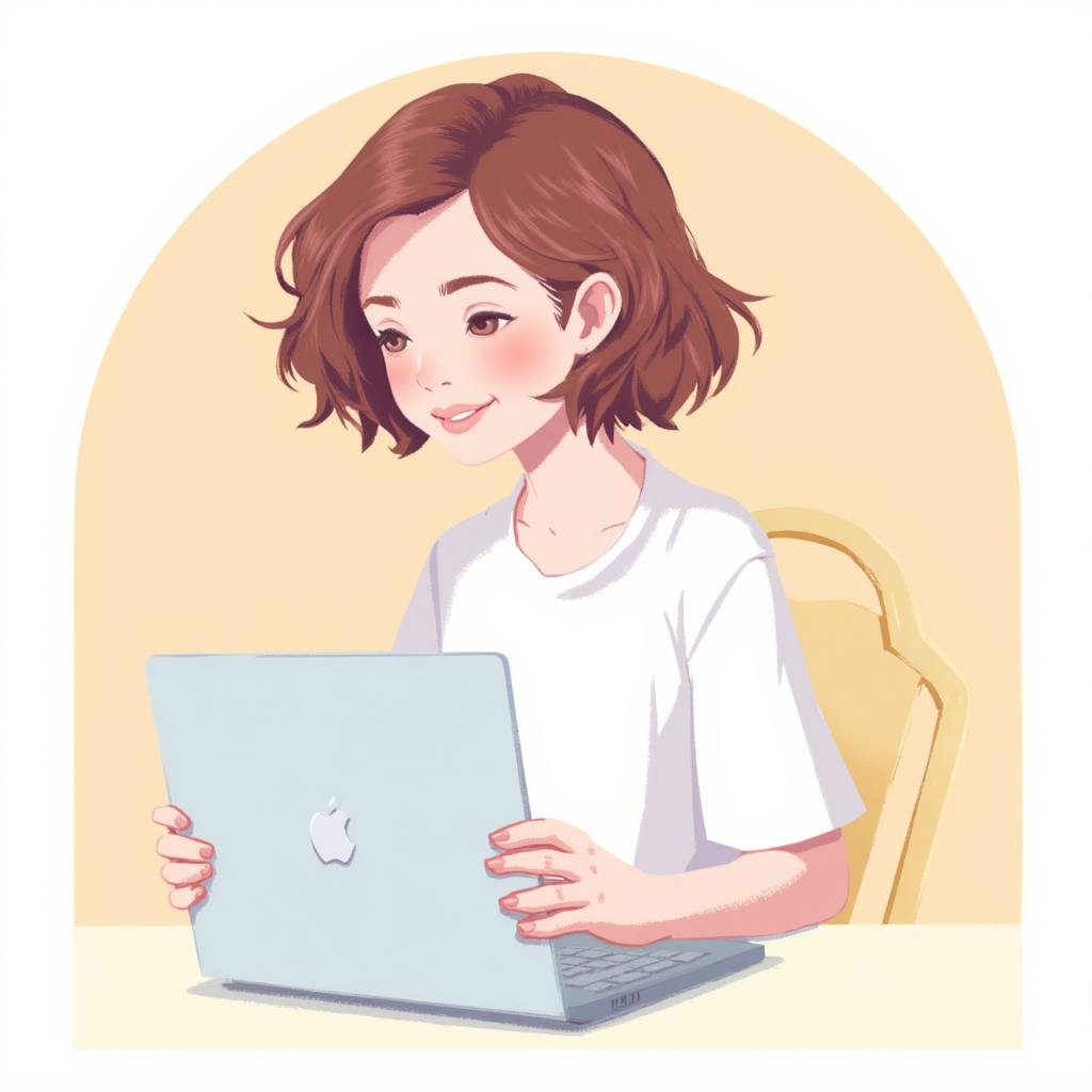 A digital artwork of a smiling young woman with short brown hair, seated at a table and typing on a laptop. Her expression suggests enjoyment and concentration, symbolizing the process of discovering what is creative writing through storytelling and personal expression.