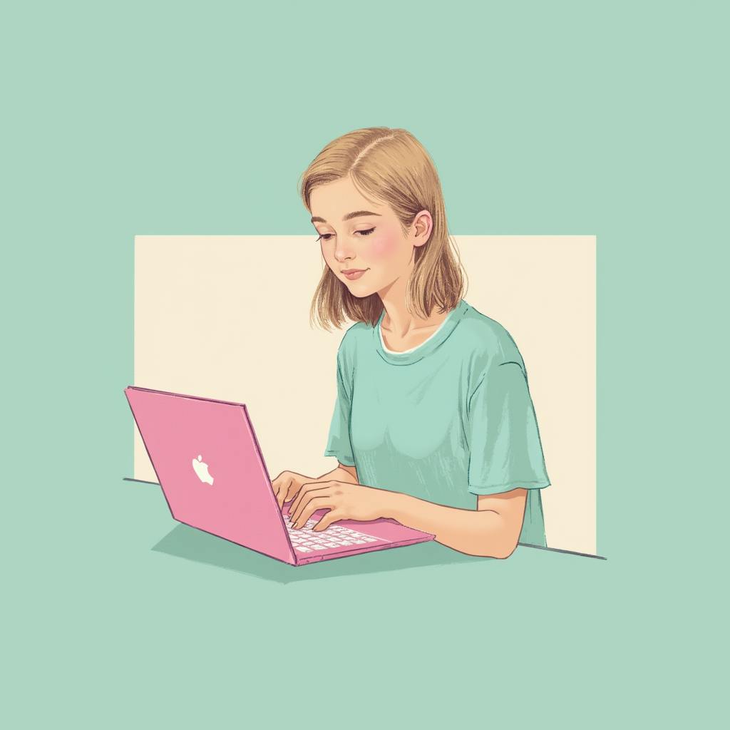 An illustration of a blonde young woman sitting at a desk with a pink laptop, thoughtfully typing. Her calm demeanor reflects focus and creativity, offering a visual example of what is creative writing—crafting unique ideas and narratives with imagination and skill.