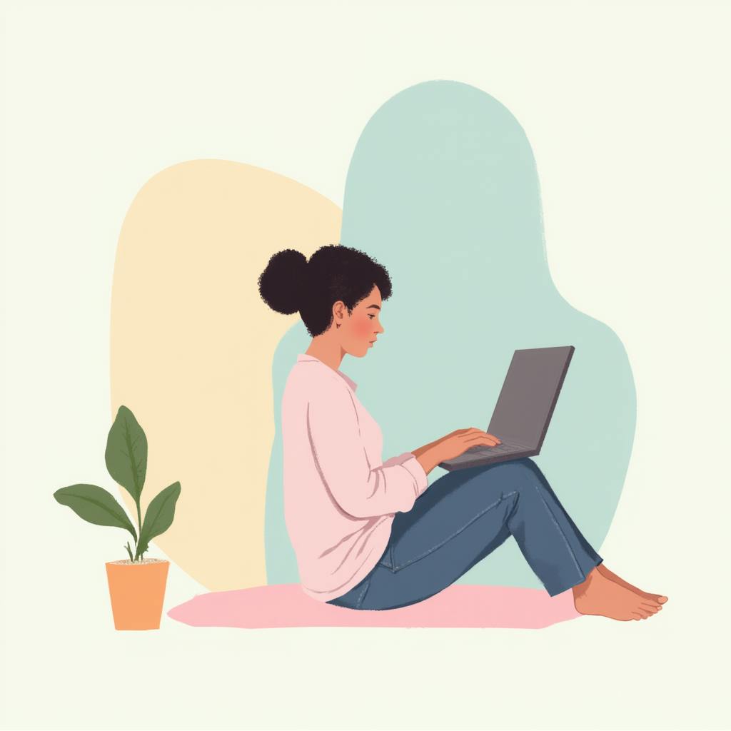 An illustration of a young woman sitting cross-legged on a cushion, focused on her laptop. She appears to be writing in a peaceful setting with a potted plant beside her. This image visually represents someone exploring what is creative writing by engaging in thoughtful and imaginative work in a relaxed environment.