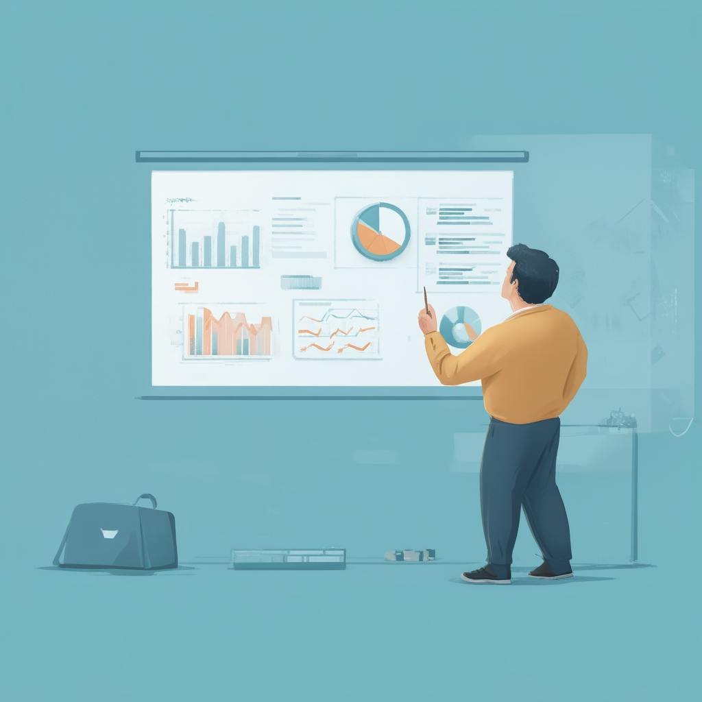 A man in a mustard-colored sweater stands in front of a large presentation screen filled with graphs and pie charts. He points to the data as if explaining insights during a meeting. This visual captures the essence of presenting and interpreting data, which clarifies what is a metric in marketing and its role in driving informed business decisions.