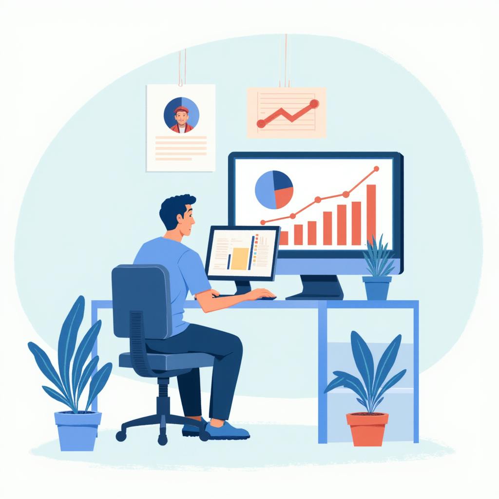 A person seated at a modern desk, analyzing charts and graphs on dual monitors. The visuals include pie charts and upward-trending bar graphs, representing data analysis. The scene illustrates the process of evaluating performance indicators to answer what is a metric in marketing and how businesses track key data points to optimize their efforts.