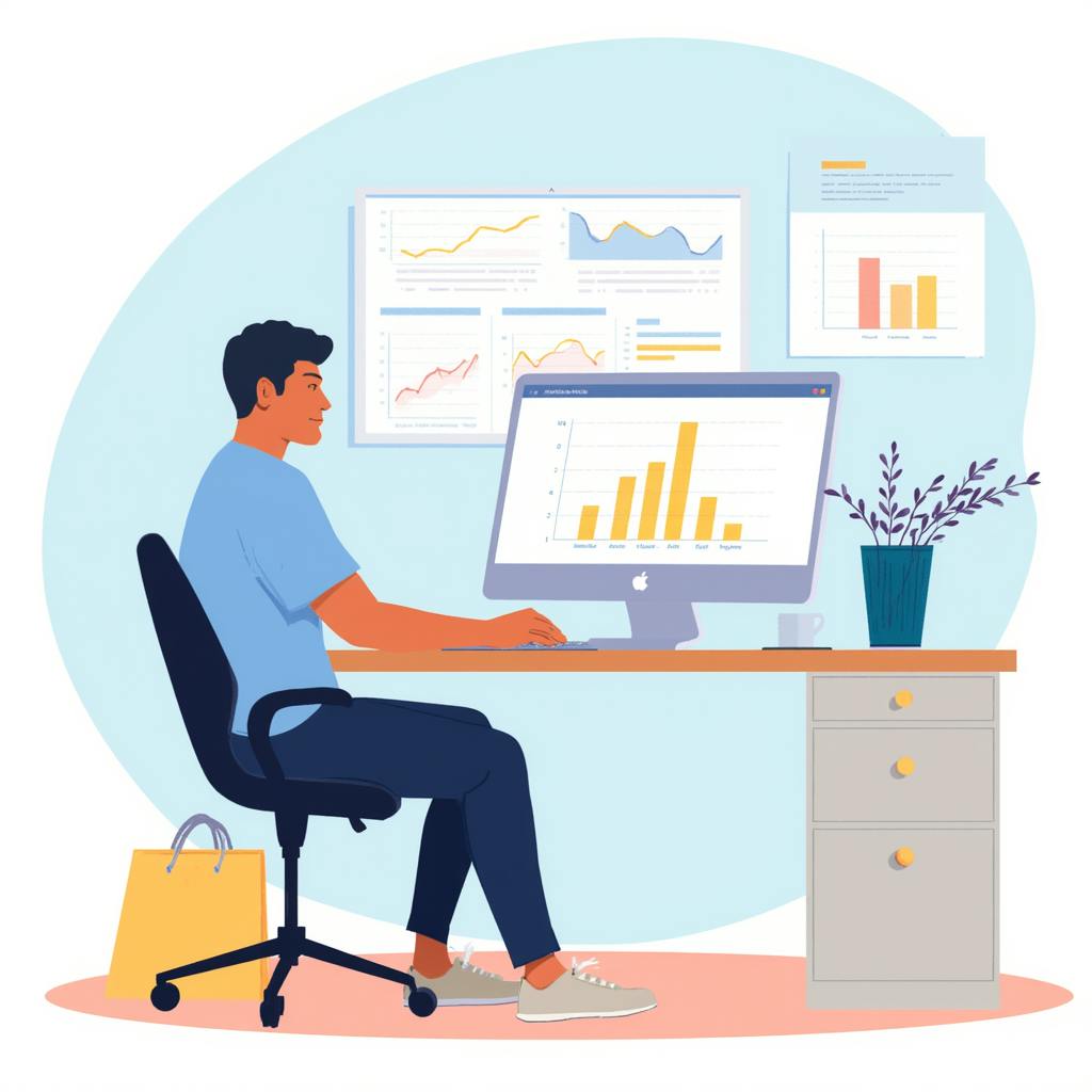 An illustration of a man sitting at a desk working on a computer displaying bar graphs and charts. Additional data visualizations are pinned to the wall in the background. This image conveys the concept of analyzing data to understand what is a metric in marketing and how it helps measure the success of campaigns and strategies.