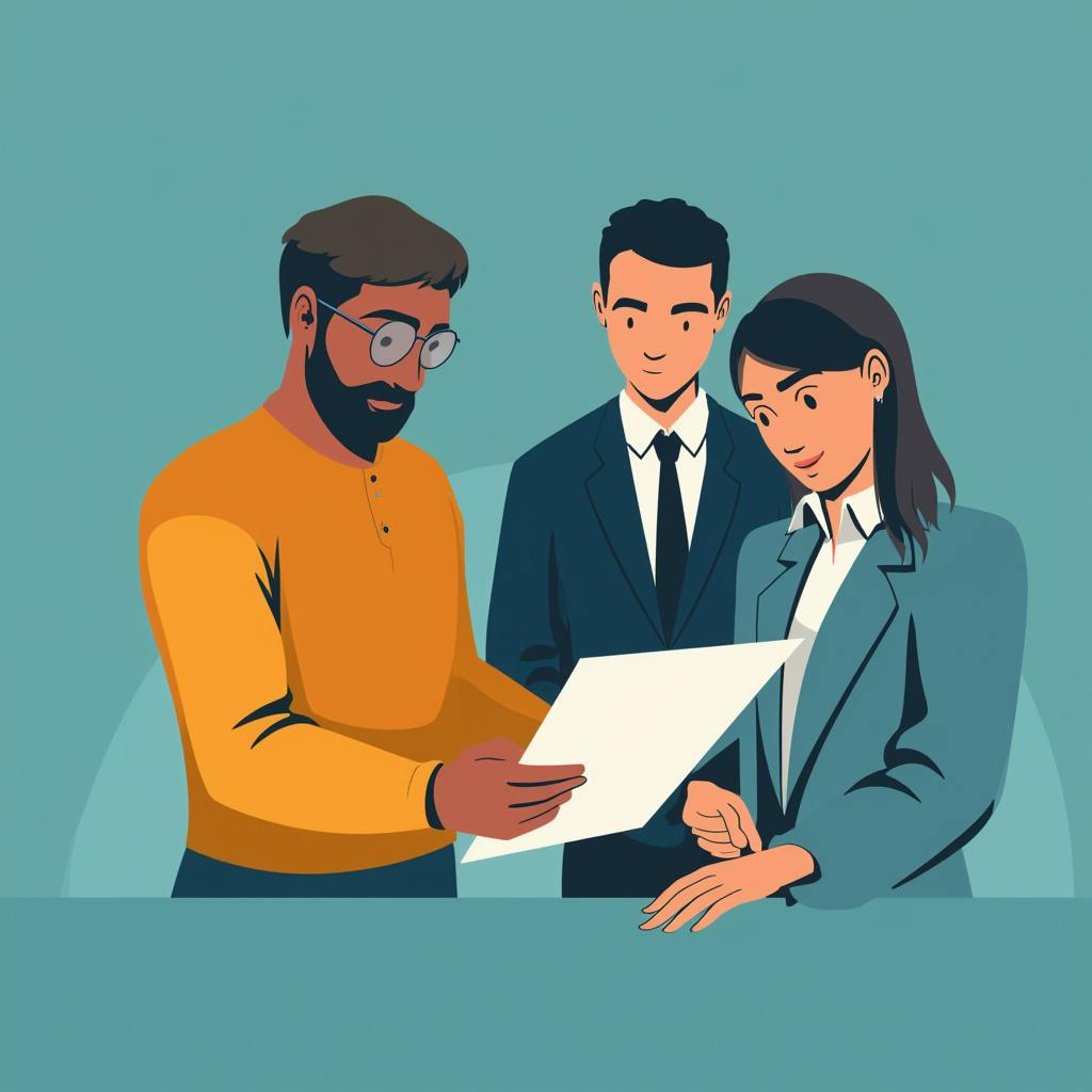 An illustration of three professionals closely examining a report, discussing insights and data. The scene highlights a discussion on what is KPI report and how it provides essential metrics to track performance in business operations.