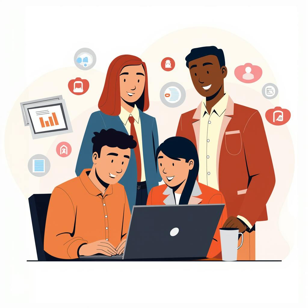 A team of four animated business professionals collaborating around a laptop, surrounded by digital icons representing data and analytics. They are learning what is KPI report and how it helps measure and improve business objectives effectively.