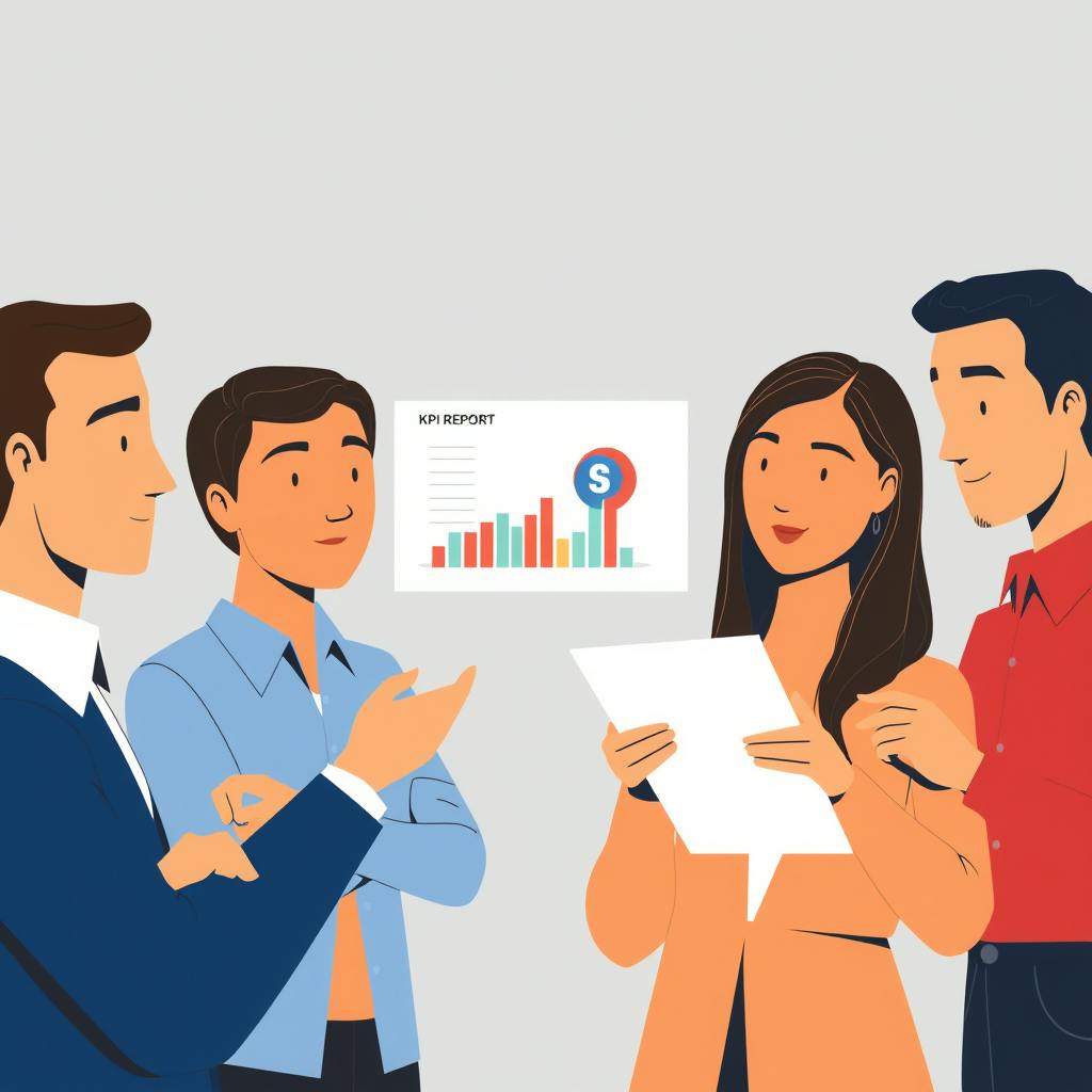 An illustrated group of professionals reviewing documents and discussing a chart labeled "KPI Report" on the wall. This visual represents a team analyzing business performance and answering the question: what is KPI report and how does it track key metrics for success?