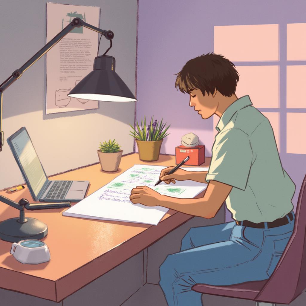 A young artist sitting at a desk, drawing detailed sketches on paper, with a laptop and potted plants nearby. The environment demonstrates what is a concept artist by showcasing their role in bringing creative ideas to life through early visual designs and concepts.