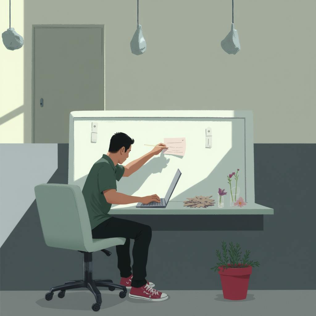 A person working at a minimalist desk with a laptop, pinning a note on a whiteboard wall, surrounded by creative elements like plants and sketches. This scene illustrates the daily workspace of someone exploring what is a concept artist and how they develop ideas in the early stages of design.