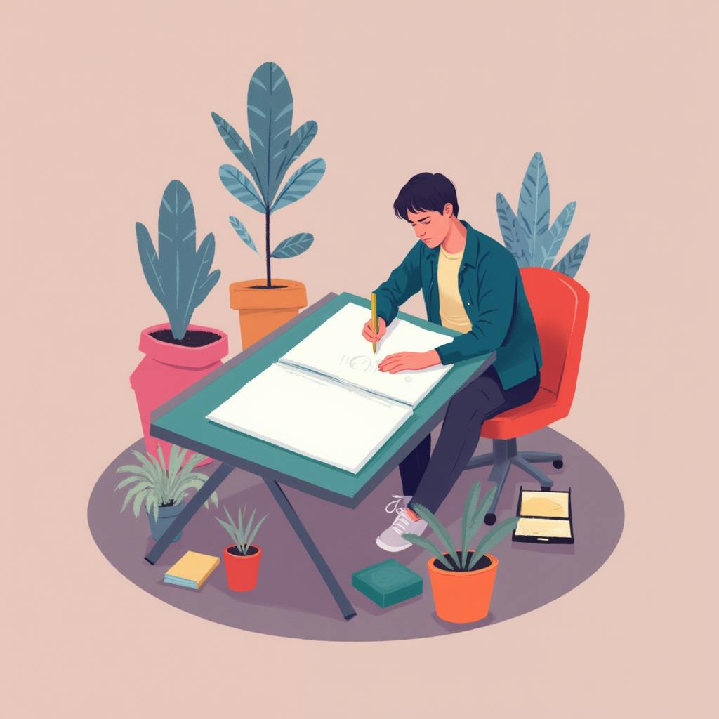 A person sitting at a drawing table surrounded by potted plants, sketching in a large notebook. This creative workspace answers the question: what does illustration mean by showing how illustrations start from hand-drawn concepts that communicate ideas visually.