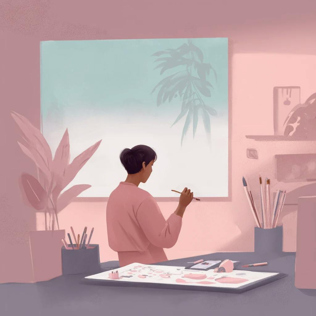 An artist painting on a canvas in a softly lit room with art supplies and sketches on the desk nearby. The scene reflects a traditional art process and demonstrates what does illustration mean when creating visual stories and conveying ideas through painting.