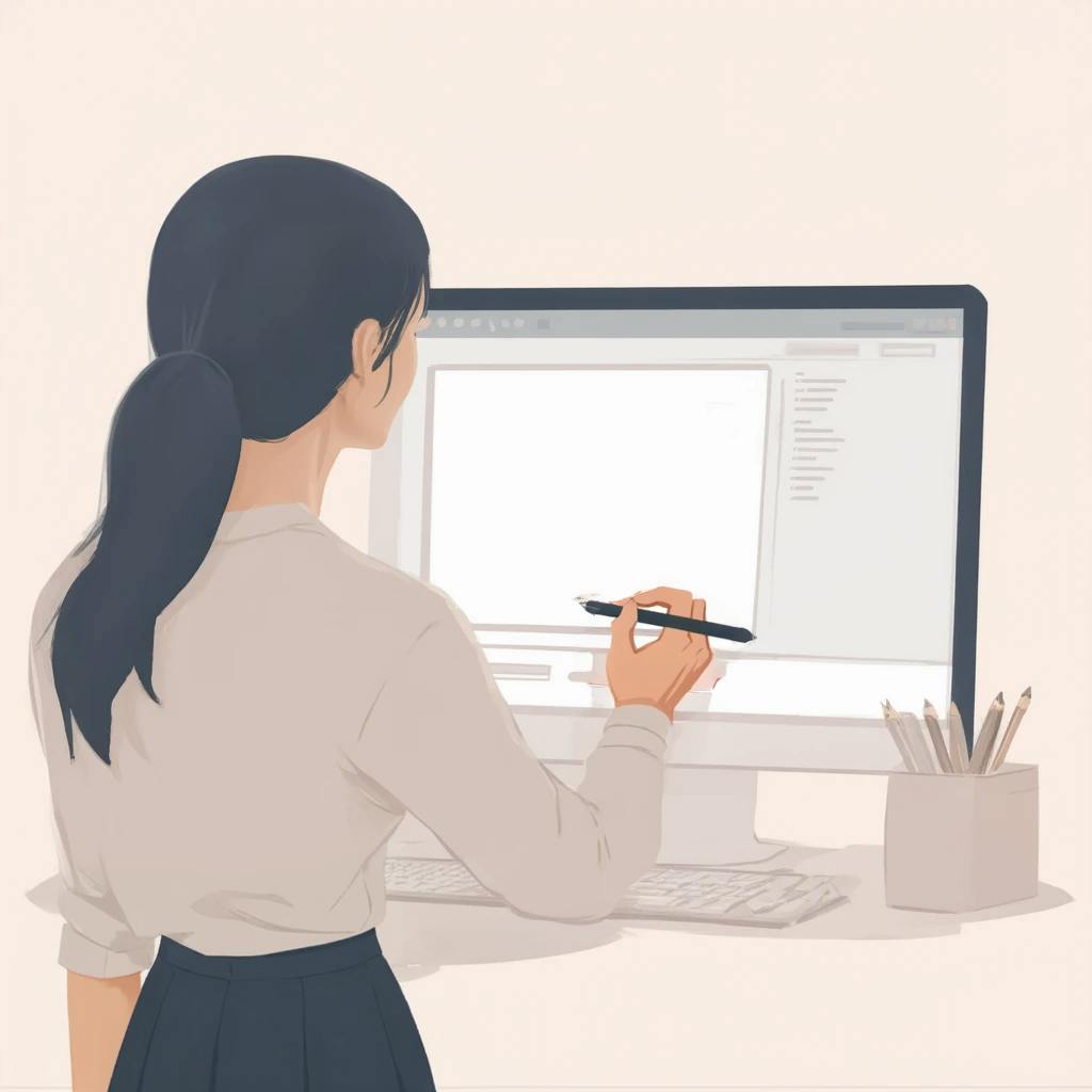 A woman standing at her desk, using a digital pen to create artwork on a large computer monitor, surrounded by pencils and drawing tools. This visual represents the concept of digital drawing and helps explain what does illustration mean in modern graphic design and digital art.