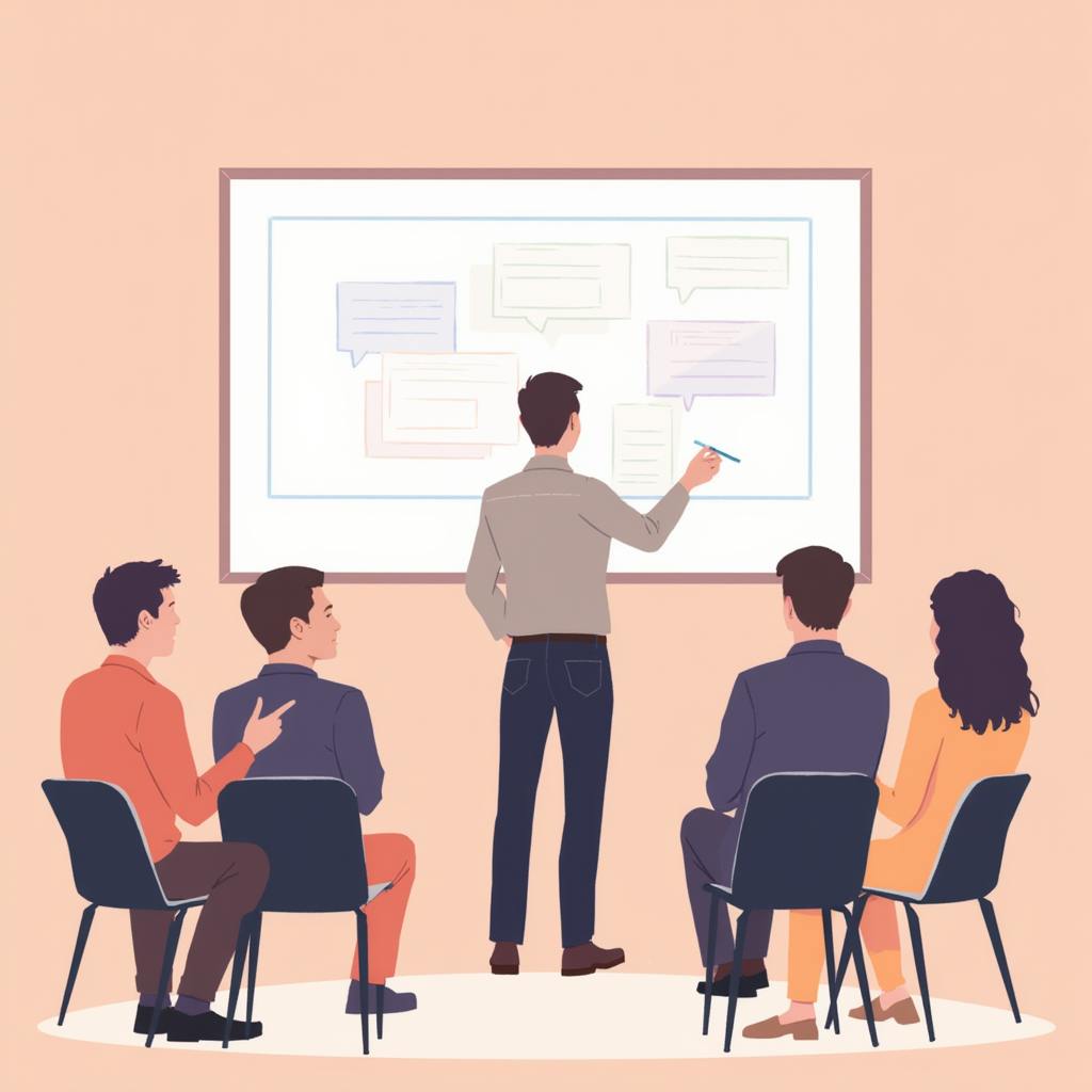 An illustration of a professional presenting a campaign strategy to a group, pointing at a board filled with speech bubbles and notes. This scene represents what does a campaign manager do, including tasks such as strategic planning, briefing teams, and managing campaign messaging.