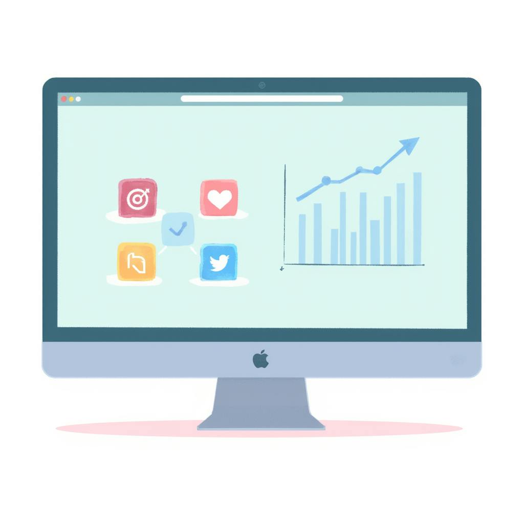 A digital illustration of a computer monitor displays social media icons—Instagram, Twitter, and others—beside a rising bar and line graph. This image conveys the role of visual metrics in tracking KPI social media performance across platforms.