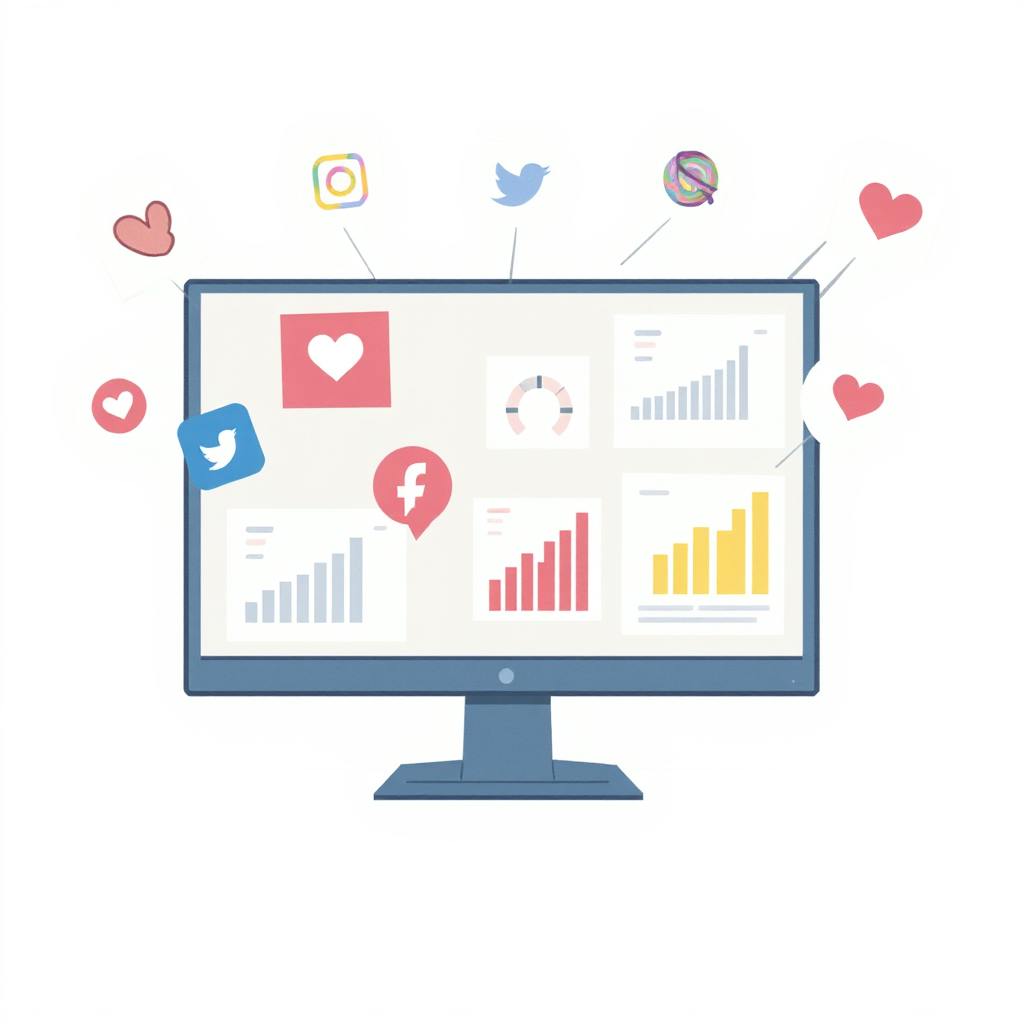 A desktop screen showcases various bar and pie charts surrounded by floating social media icons like Facebook, Twitter, and Instagram. The image highlights how KPI social media metrics are analyzed through dashboards to measure engagement and campaign success.